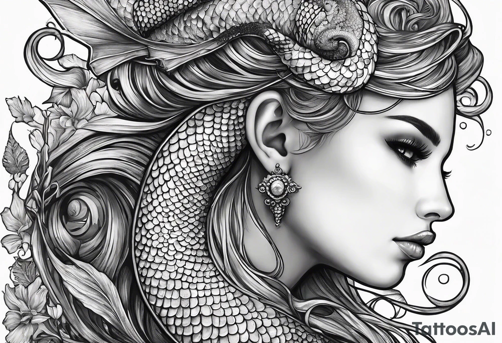 Mermaid looking into eyes of seahorse, side profile. Trident, horns, scales and tattoos on skin. tattoo idea