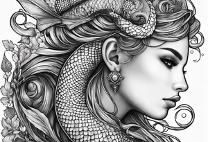 Mermaid looking into eyes of seahorse, side profile. Trident, horns, scales and tattoos on skin. tattoo idea