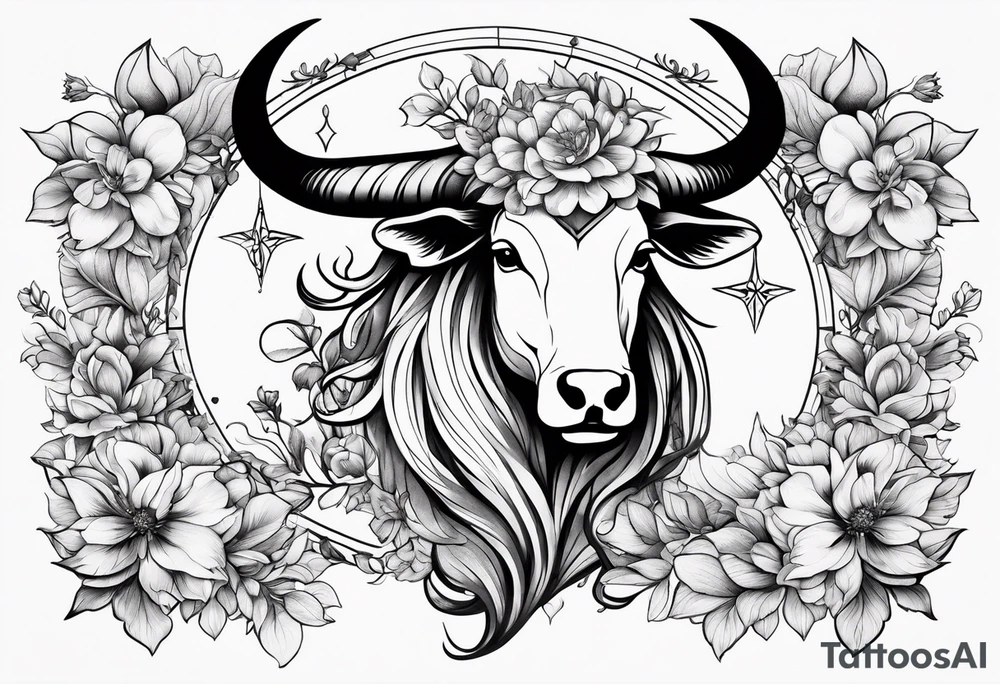 Taurus zodiac symbol intertwined with the Sagittarius zodiac symbol with delicate flowers tattoo idea