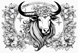 Taurus zodiac symbol intertwined with the Sagittarius zodiac symbol with delicate flowers tattoo idea
