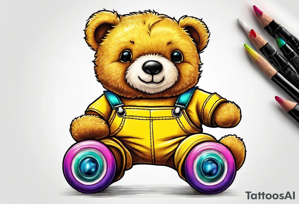 A rollerskating teddy bear in yellow overalls and rainbow skates tattoo idea