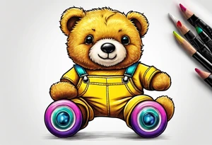 A rollerskating teddy bear in yellow overalls and rainbow skates tattoo idea