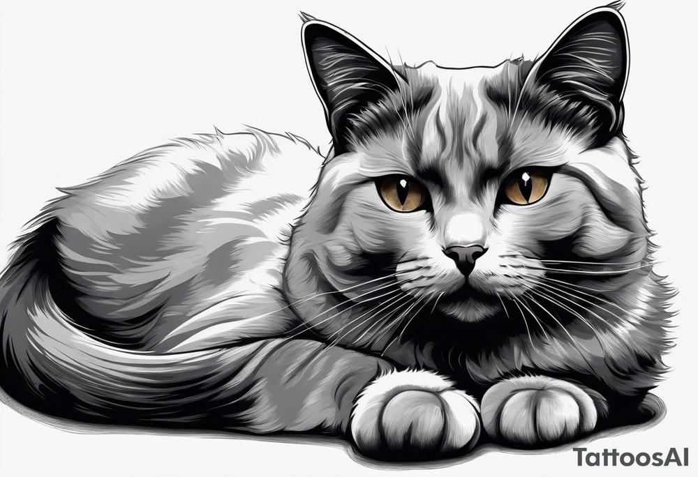 Simple line drawing of a grey cat white some small white patches on her belly and white paws. Face is all grey.  I want her curled up sleeping. She has short hair. tattoo idea