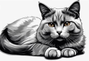 Simple line drawing of a grey cat white some small white patches on her belly and white paws. Face is all grey.  I want her curled up sleeping. She has short hair. tattoo idea
