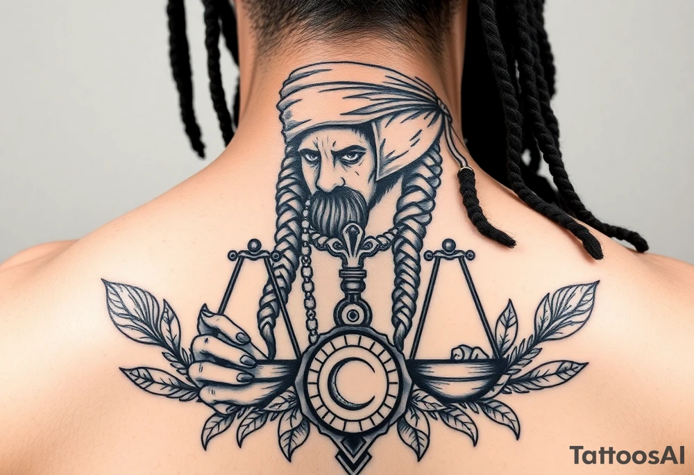 Slyph with dreads wearing blind fold and ankh pendant with tattoos holding weighing scales with the sun and moon rose vines surrounding and Anubis guarding tattoo idea