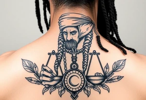 Slyph with dreads wearing blind fold and ankh pendant with tattoos holding weighing scales with the sun and moon rose vines surrounding and Anubis guarding tattoo idea