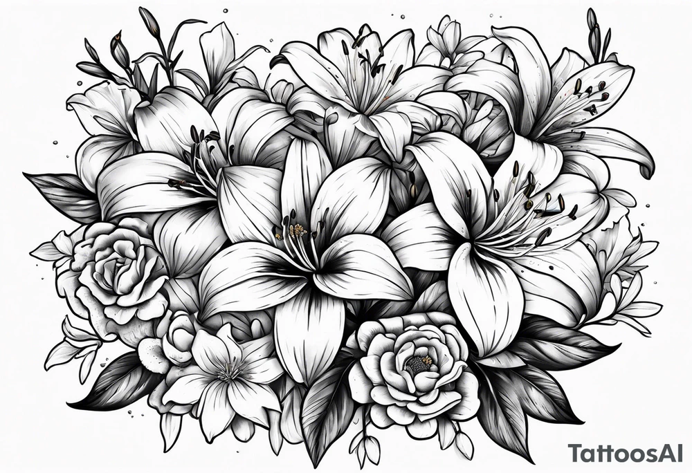 lily, marigold, cosmo, and aster tattoo idea