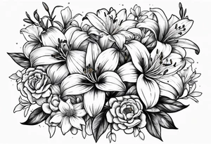 lily, marigold, cosmo, and aster tattoo idea