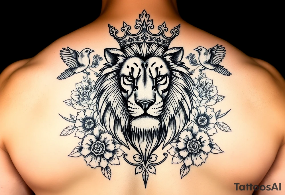 powerful majestic lion with a crown, surrounded by floral ornaments and birds tattoo idea