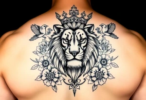 powerful majestic lion with a crown, surrounded by floral ornaments and birds tattoo idea