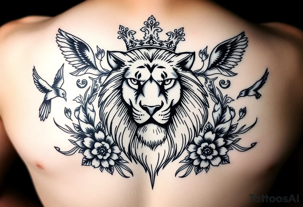powerful majestic lion with a crown, surrounded by floral ornaments and birds tattoo idea