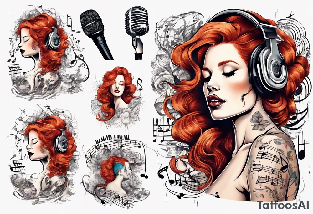 Redhead woman with Music score as her hair and a microphone tattoo idea