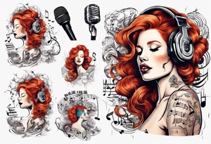 Redhead woman with Music score as her hair and a microphone tattoo idea