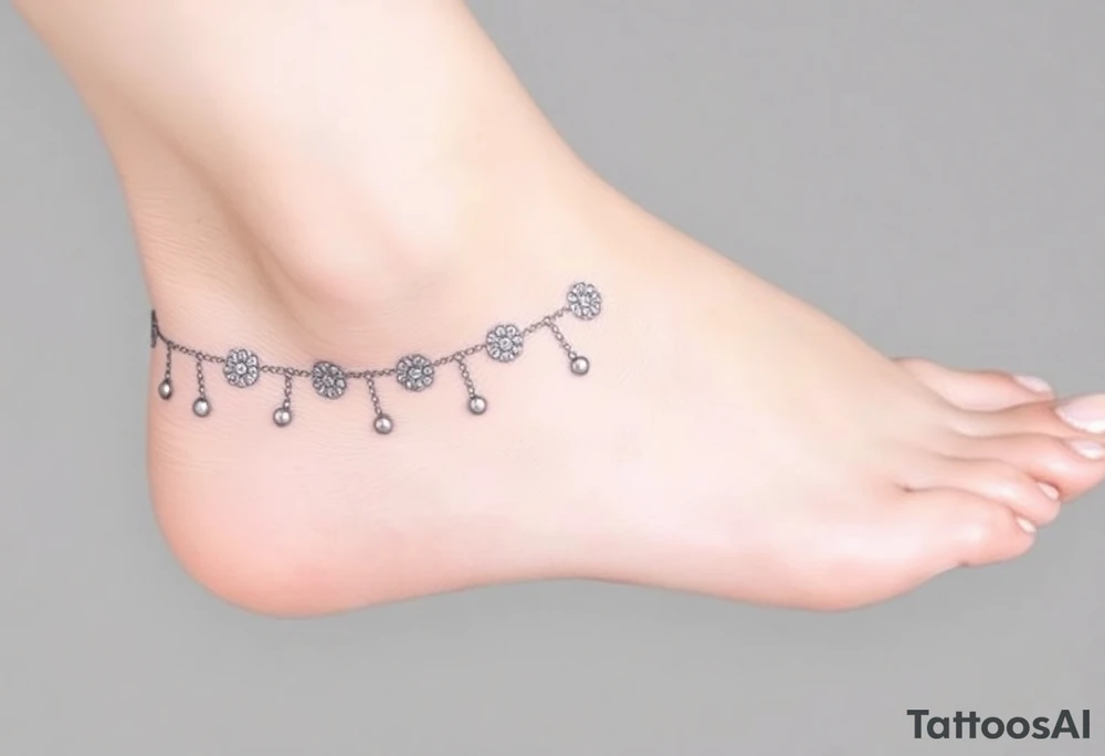 A soft grey lace anklet with tiny chains, blending elegance and femininity tattoo idea