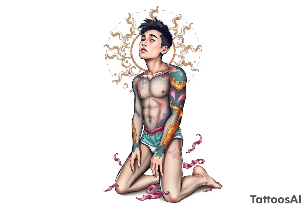 Handsome Asian young guy is standing on his knees upset tattoo idea