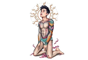 Handsome Asian young guy is standing on his knees upset tattoo idea