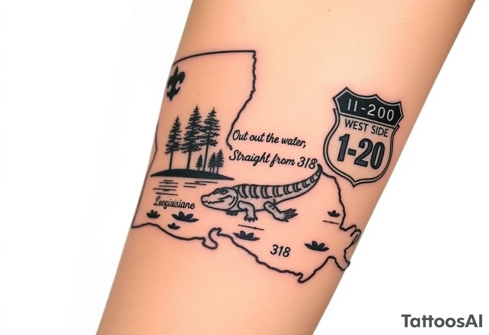 Big Louisiana state outline with fleur-de-lis, a bayou with a gator and trees , the 318 area code and and quote that says  Out the dirt, out the water, straight from 318 , a sign that says I- 20 . Below that add west side , tattoo idea