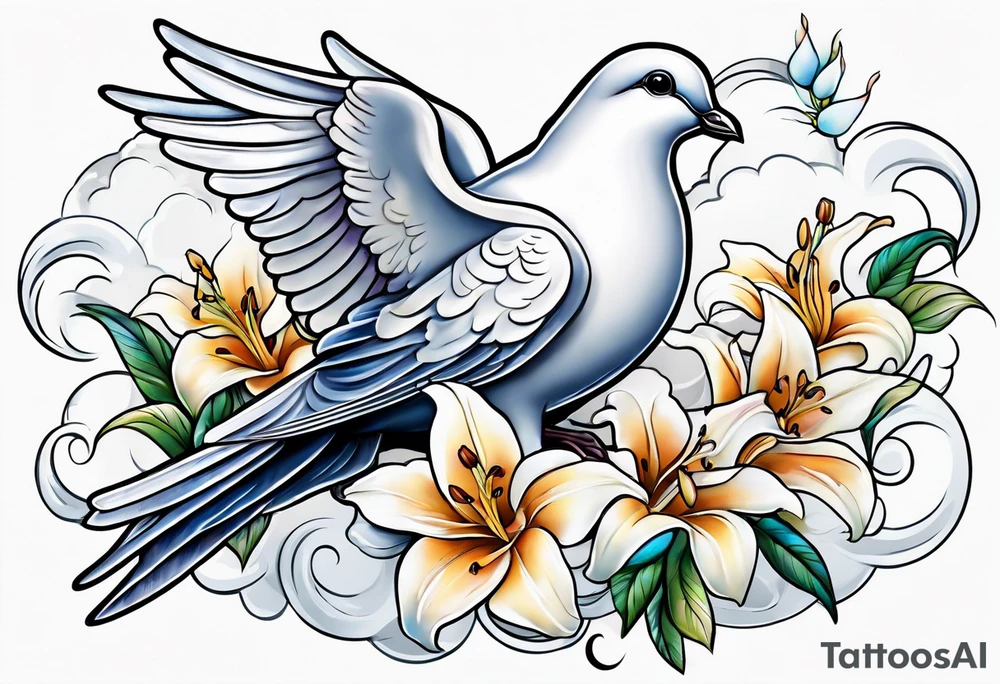 Dove with lily flowers in clouds tattoo idea