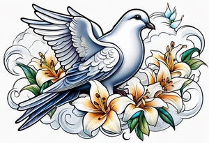 Dove with lily flowers in clouds tattoo idea