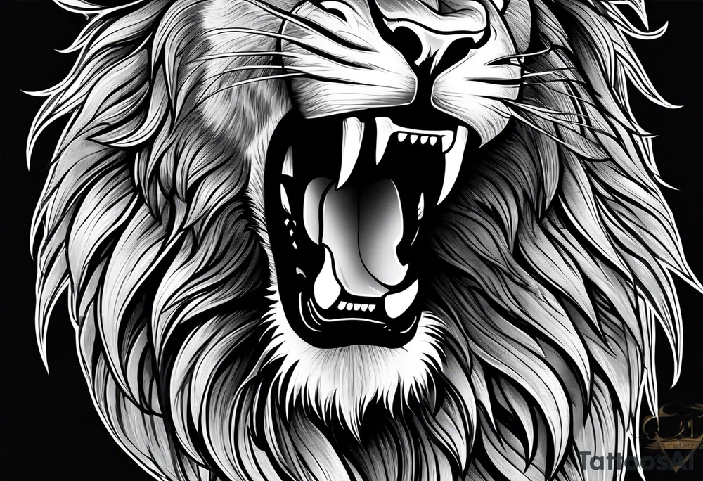 A roaring lion’s face with a flowing mane, emphasizing strength and courage, detailed fur textures tattoo idea