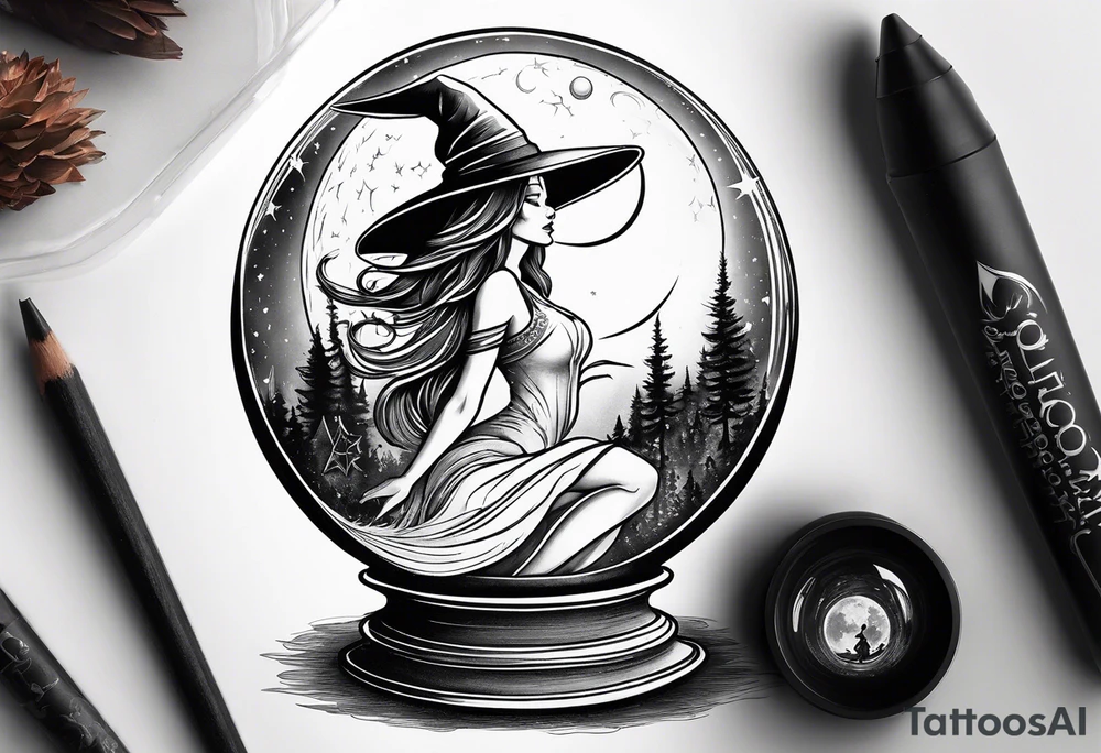 Witch’s hat on top of crystal ball that shows women dancing under a full moon tattoo idea