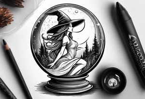 Witch’s hat on top of crystal ball that shows women dancing under a full moon tattoo idea