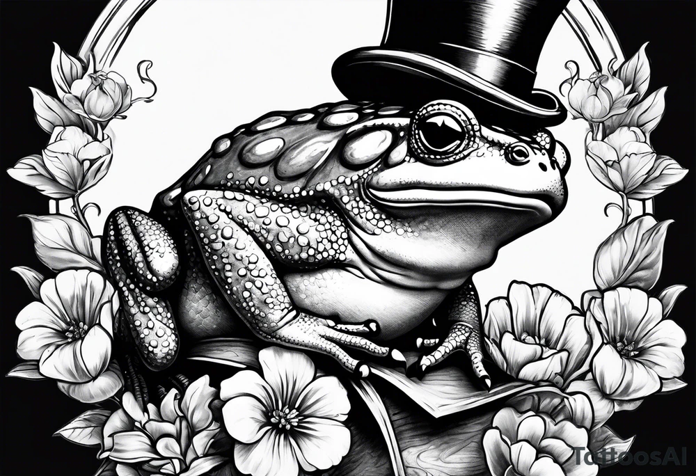 Toad in a top hat holding flowers to go on a date tattoo idea