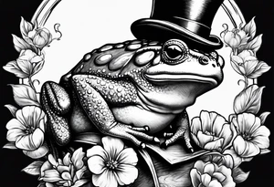 Toad in a top hat holding flowers to go on a date tattoo idea