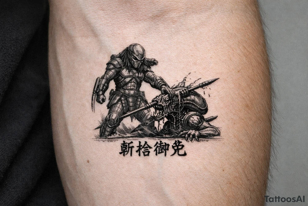 predator killing alien, alien is crawling from the ground. Predator stands up tall, driving his spear with his right hand through the xenomorphs big head with acid coming down, the spear is visible at the other side of the penetration. The predator's left shoulder has its laser gun pointed down. the Left forerarm has its famous doubled blade out. Below the image the japanese inscription for kirisute gomen tattoo idea
