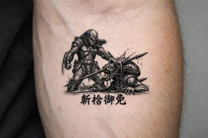predator killing alien, alien is crawling from the ground. Predator stands up tall, driving his spear with his right hand through the xenomorphs big head with acid coming down, the spear is visible at the other side of the penetration. The predator's left shoulder has its laser gun pointed down. the Left forerarm has its famous doubled blade out. Below the image the japanese inscription for kirisute gomen tattoo idea