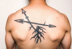 A broken spear with roots growing through it, tribal blackwork style, symbolizing healing through soul, not ego” tattoo idea
