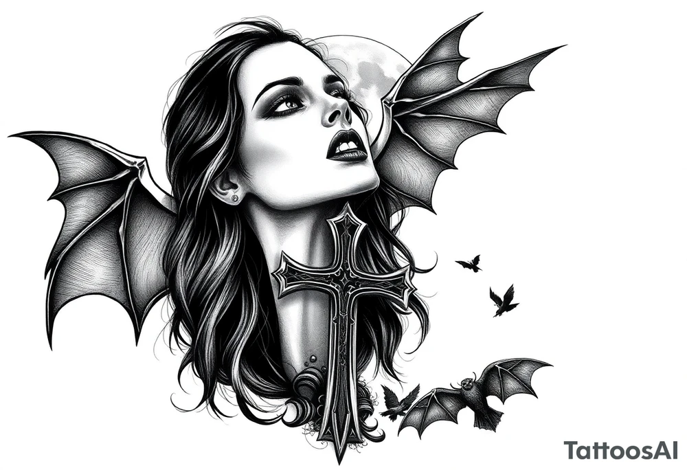 female vampire,bats,full moon,cross. tattoo idea