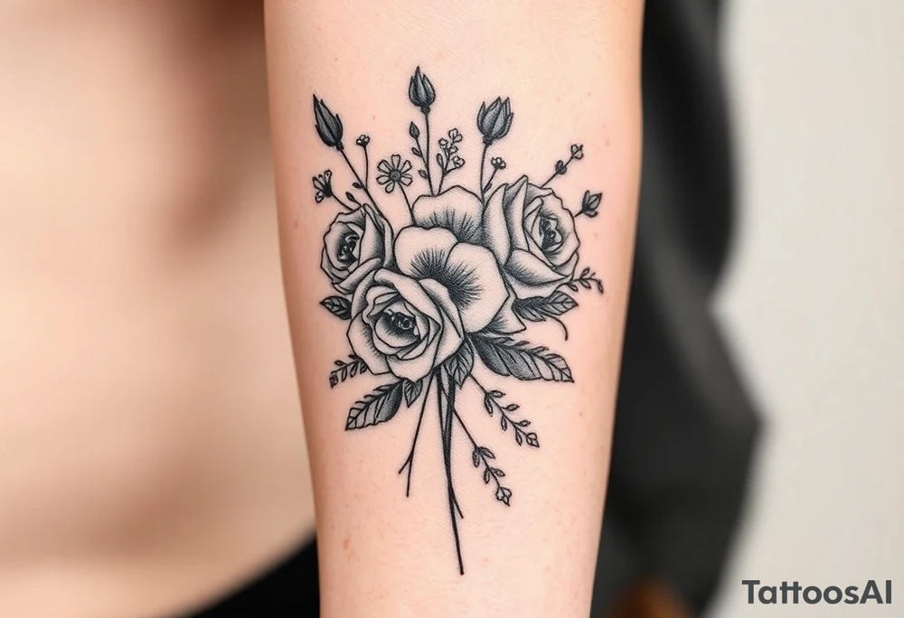 vintage bouquet of wild roses and meadow flowers with morning dew tattoo idea