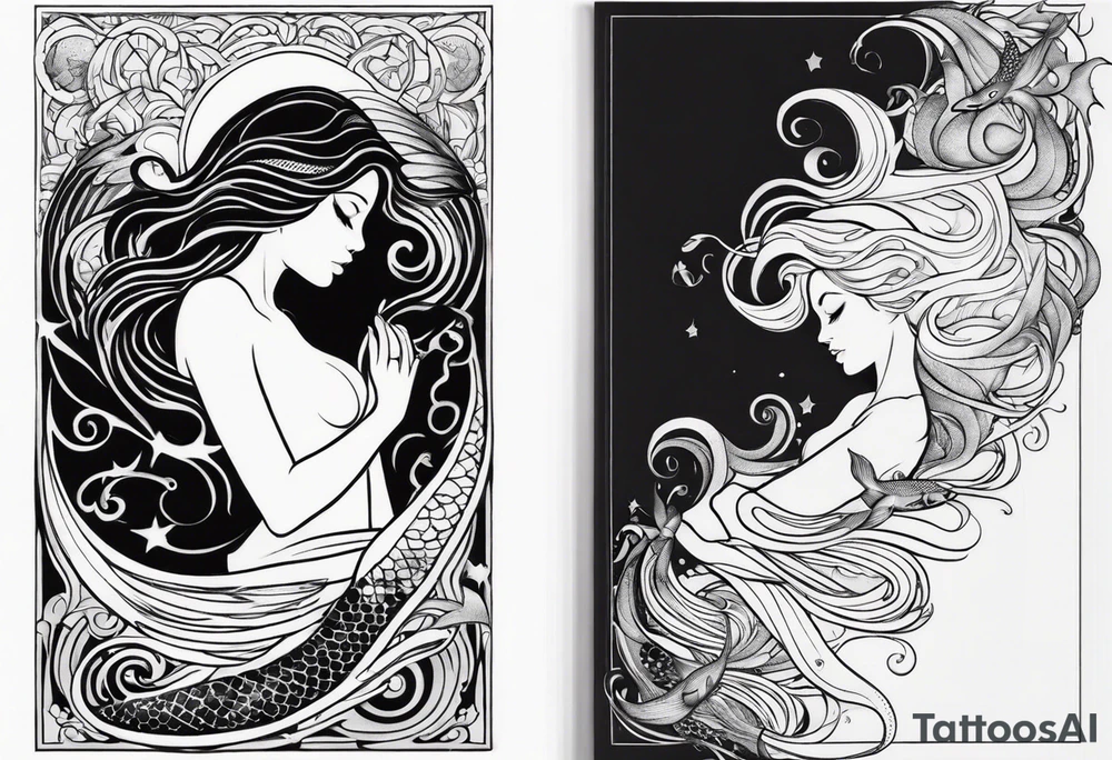 mermaid, waves, dark work tattoo idea