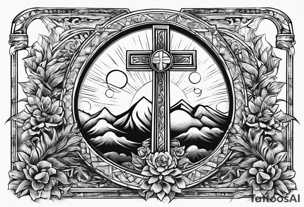 Tomb with cross and sun in the background tattoo idea