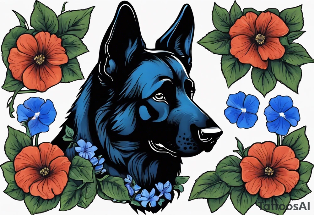 Black German shepherd face surrounded by blue morning glories tattoo idea