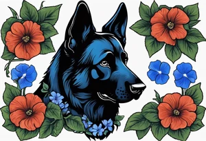 Black German shepherd face surrounded by blue morning glories tattoo idea