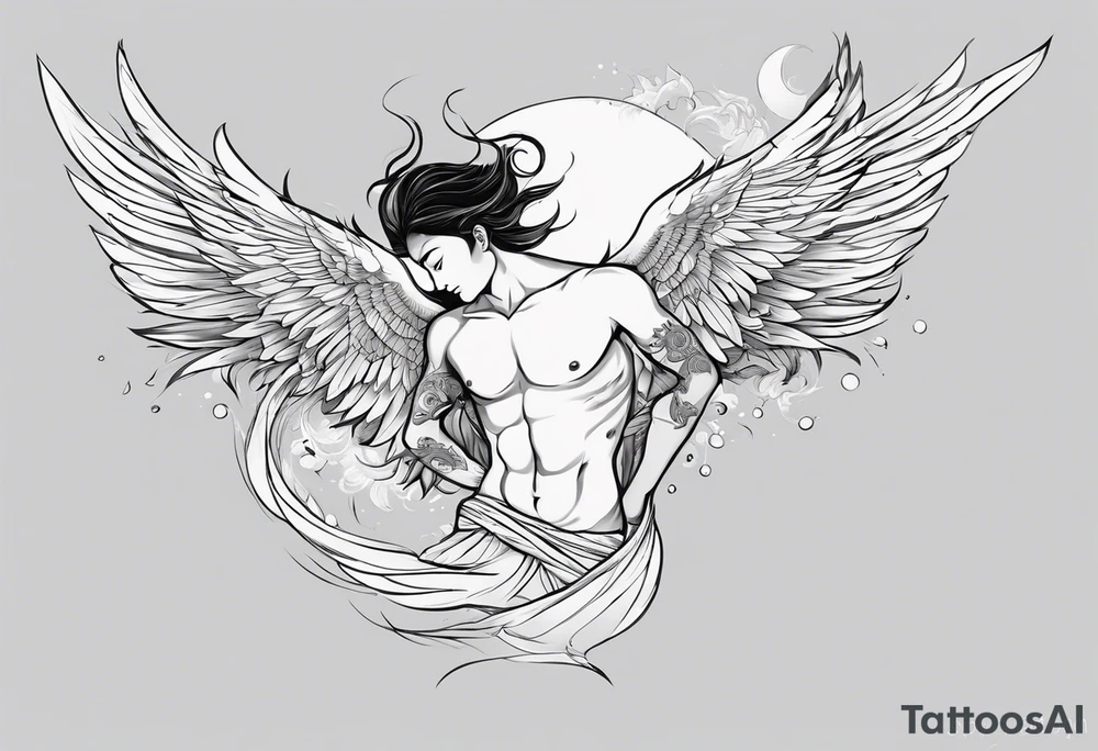 I like tattoos of the falling angel, moreover tattoos related to asiatic culture and Greek mixology.  The tattoo is for a men and will be place it in the chest tattoo idea