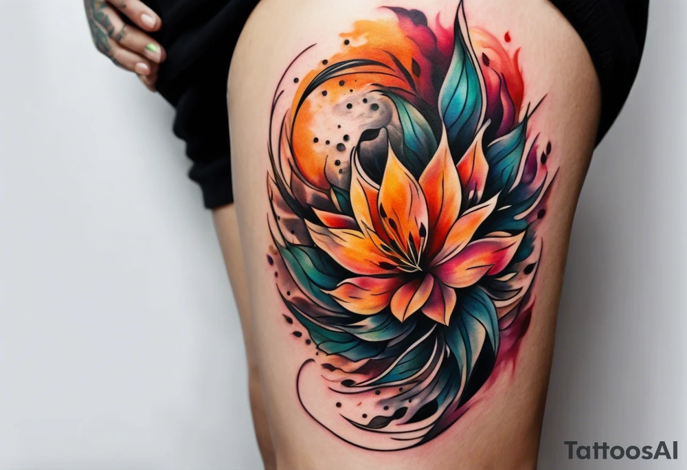 Knee tattoo in fall colors with water flow washes tattoo idea