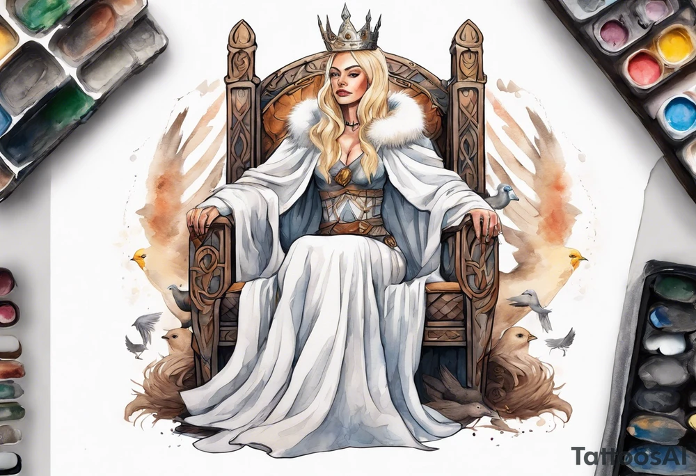 a 40-year-old Norse queen with blonde hair wearing a white fur cloak sitting on a throne with a dove on her shoulder tattoo idea