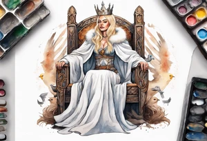 a 40-year-old Norse queen with blonde hair wearing a white fur cloak sitting on a throne with a dove on her shoulder tattoo idea