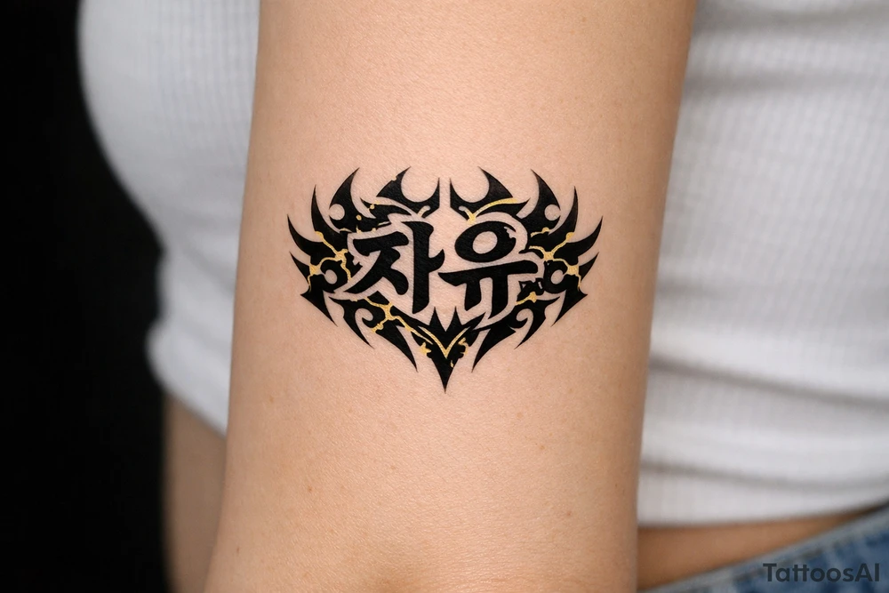 free written in korean with kpop demon hunters patterns, have it evoke the styling of korean writing and incorporate golden joinery less symetrical make it more demoniczne tattoo idea