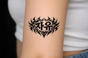 free written in korean with kpop demon hunters patterns, have it evoke the styling of korean writing and incorporate golden joinery less symetrical make it more demoniczne tattoo idea