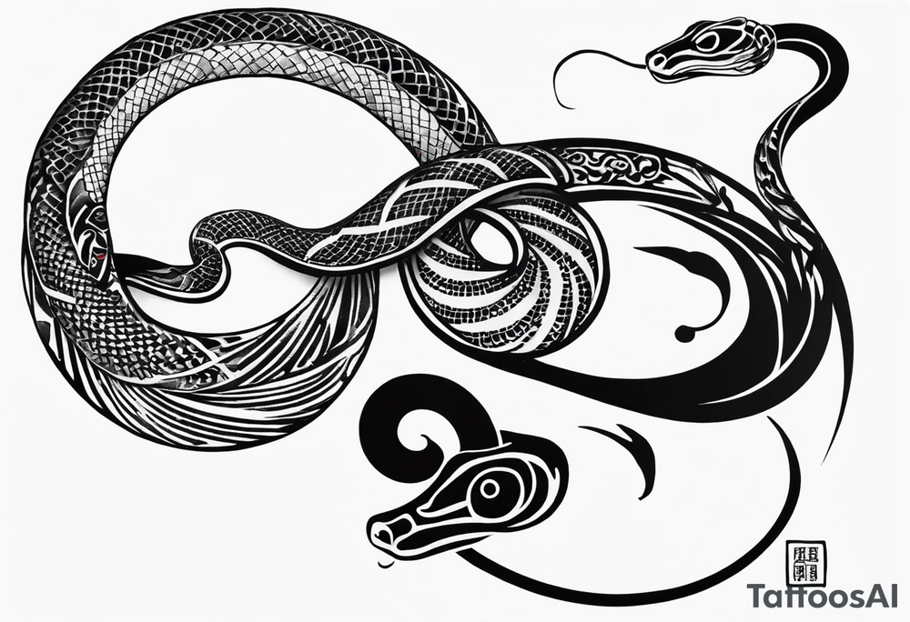 Snake tattoo for placement down along the spine with the head positioned at the bottom in japanese style to symbolise a journey of healing and transformation with reference to ying yang tattoo idea