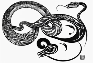 Snake tattoo for placement down along the spine with the head positioned at the bottom in japanese style to symbolise a journey of healing and transformation with reference to ying yang tattoo idea