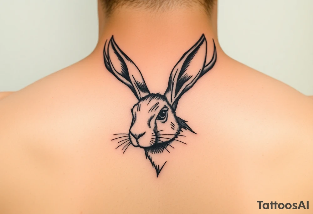 abstract jack rabbit with antlers coming out from its head, between the ears tattoo idea