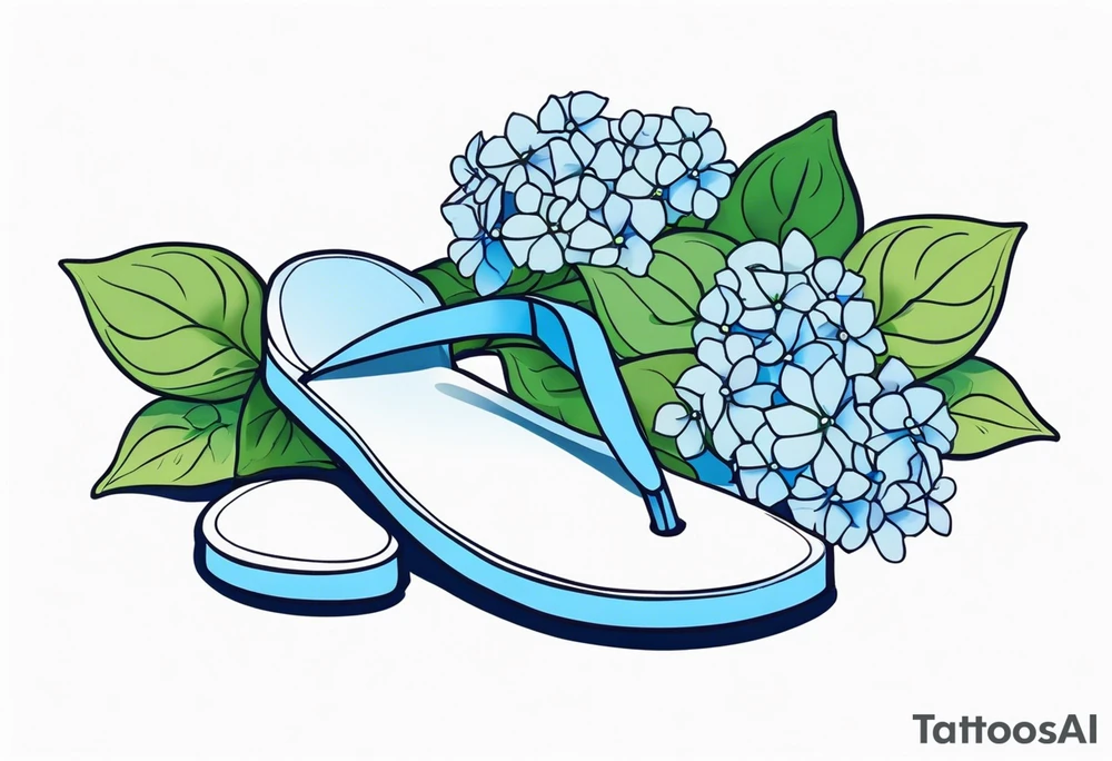 small tattoo of a single pastel blue flip flop surrounded by blue and periwinkle hydrangea flowers with green leaves tattoo idea