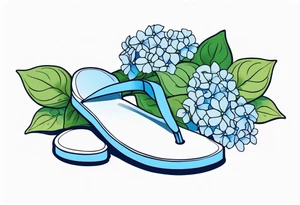 small tattoo of a single pastel blue flip flop surrounded by blue and periwinkle hydrangea flowers with green leaves tattoo idea