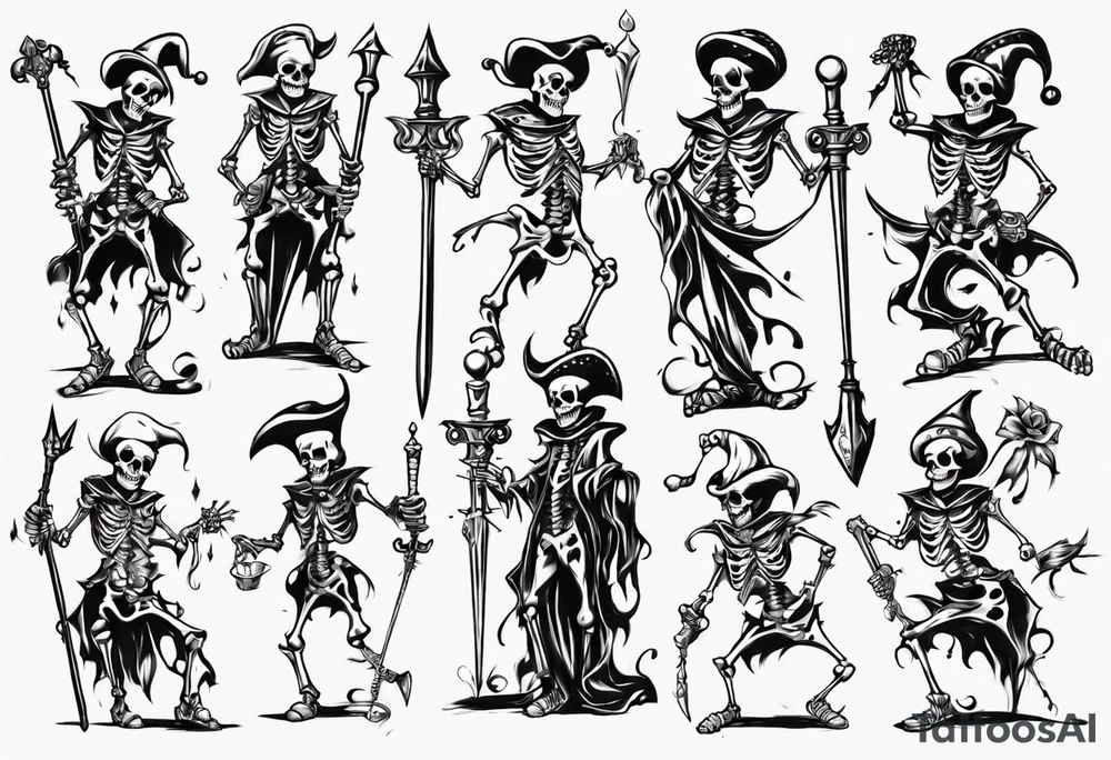 Skeleton court Jester with sword tattoo idea