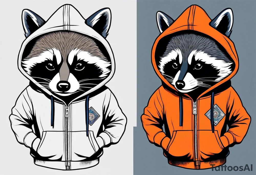 Raccoon wearing an orange Superman hoodie tattoo idea